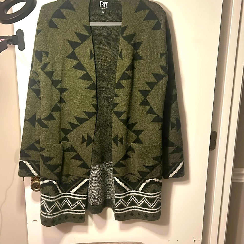 Frye Olive Green & Black Aztec Pattern Open Front Cardigan Sweater L